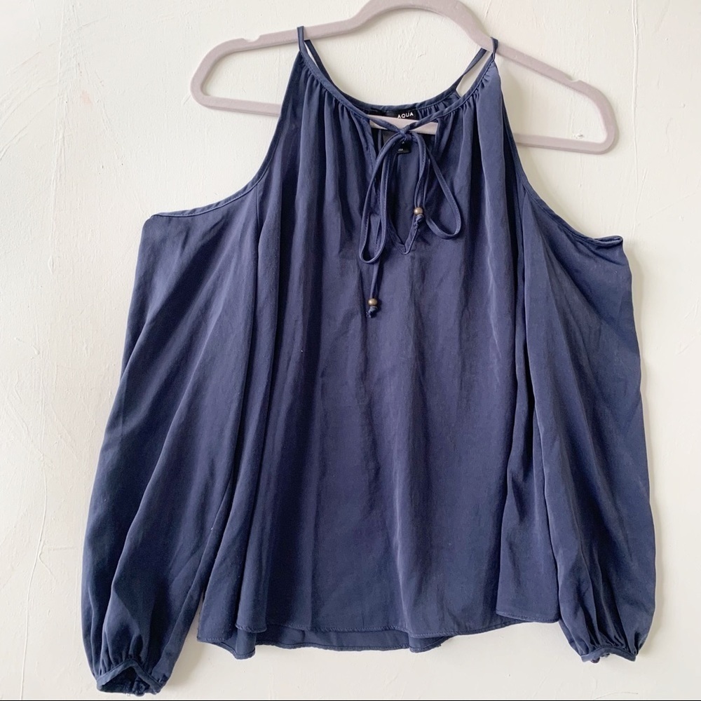 AQUA cold shoulder BLOUSE TOP satin silky blue SMALL long sleeve - Picture 2 of 13